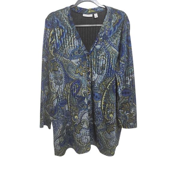 Susan Graver Cardigan Size XL Blue Paisley Liquid Knit Button Down Jacket - Picture 3 of 10